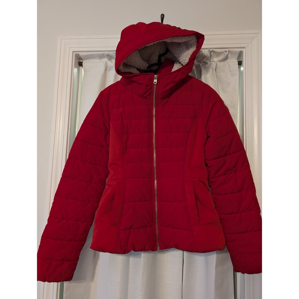 Hollister Women's Winter Coat Size XXSmall Fitted Red Sherpa Lined Hooded Puffer